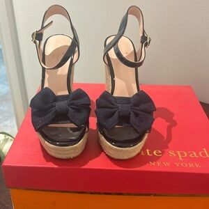 Kate Spade denim and patent leather wedge sandals